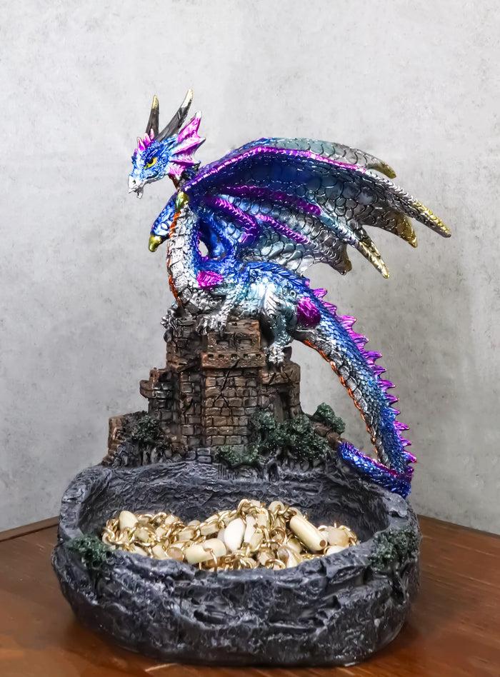 ebros gift Purple Blue Dragon Perching On Stonewall Castle Ashtray Jewelry Dish Figurine