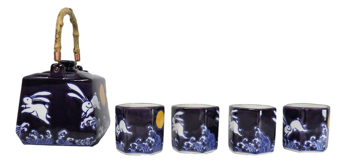 Ebros Gift Purple Blue Night Moon White Rabbit Ceramic Hexagonal Teapot With 4 Tea Cups Set
