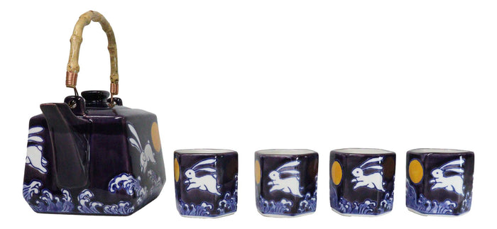 Ebros Gift Purple Blue Night Moon White Rabbit Ceramic Hexagonal Teapot With 4 Tea Cups Set