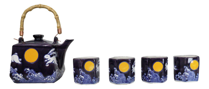ebros gift Purple Blue Night Moon White Rabbit Ceramic Hexagonal Teapot With 4 Tea Cups Set