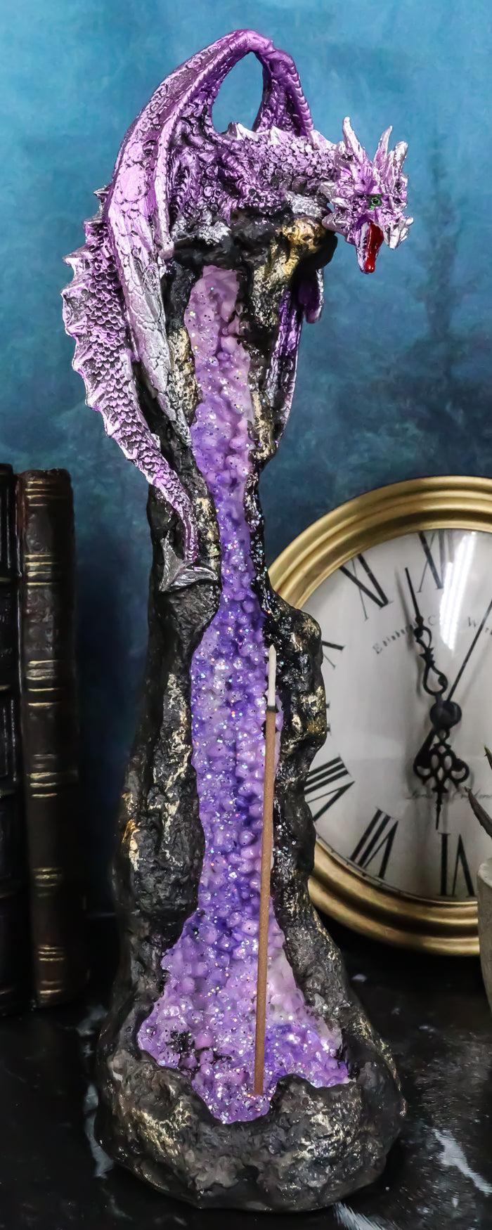 ebros gift Purple Dragon On Geode Rock Gemstone Quartz Pillar Incense Burner Figurine
