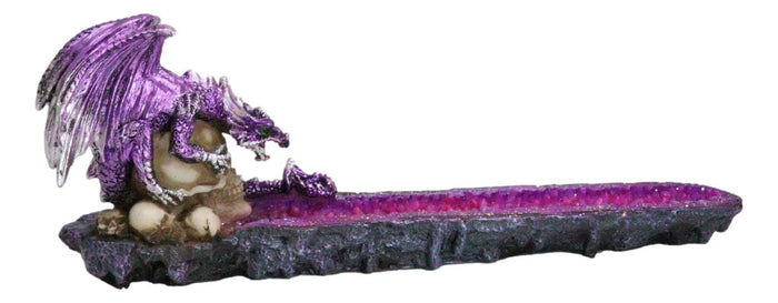 Ebros Gift Purple Dragon Perching On Skull Graveyard Faux Crystals Geode Incense Burner