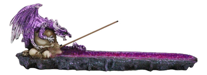 ebros gift Purple Dragon Perching On Skull Graveyard Faux Crystals Geode Incense Burner
