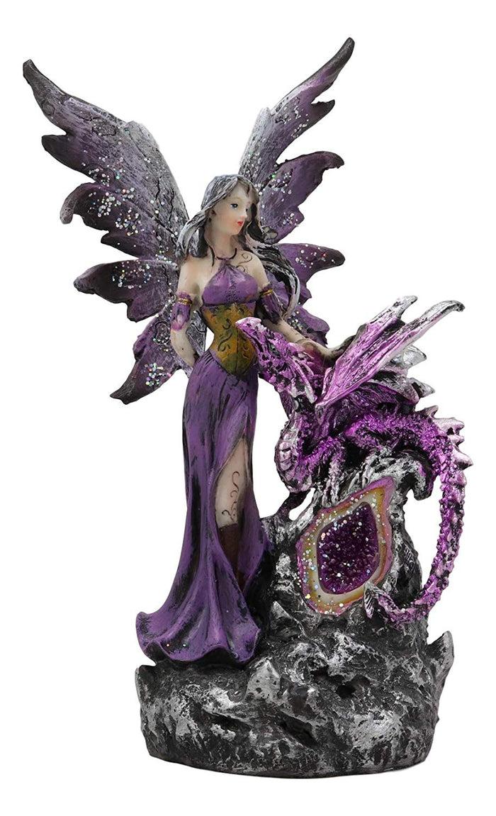 Ebros Gift Purple Fairy With Dragon Sitting On LED Crystal Geode Night Light Statue Decor