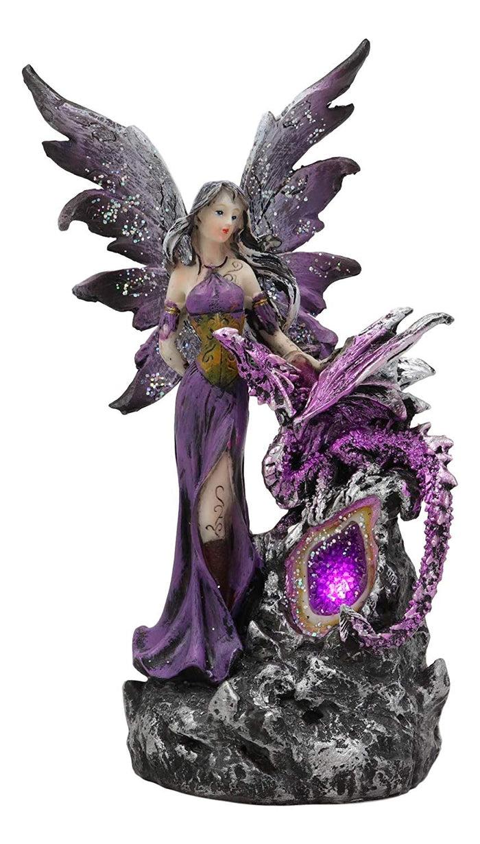 Ebros Gift Purple Fairy With Dragon Sitting On LED Crystal Geode Night Light Statue Decor