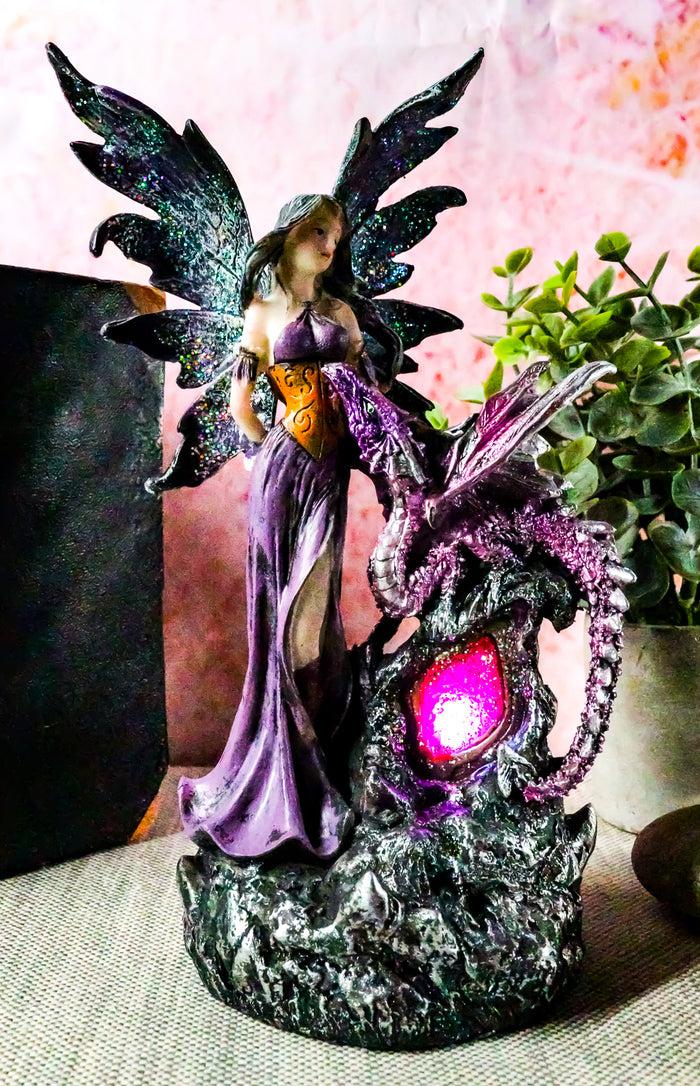 ebros gift Purple Fairy With Dragon Sitting On LED Crystal Geode Night Light Statue Decor