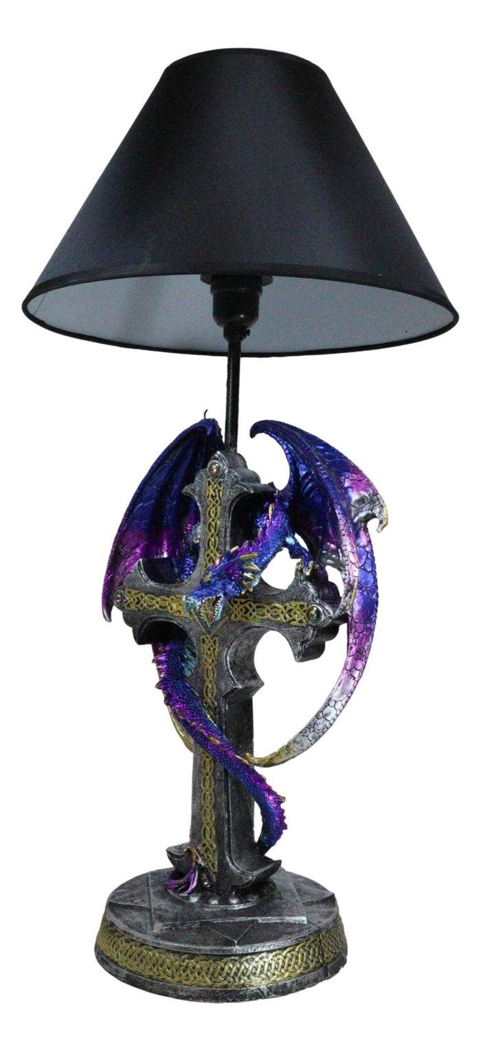 Ebros Gift Purple Iridescent Dragon With Silver Celtic Knot High Cross Crystal Table Lamp