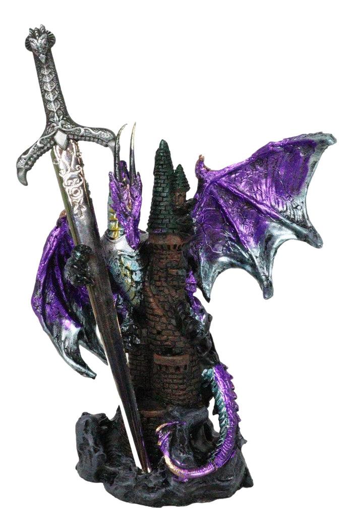 Ebros Gift Purple Knight Dragon With Castle Tower And Gothic Sword Letter Opener Figurine