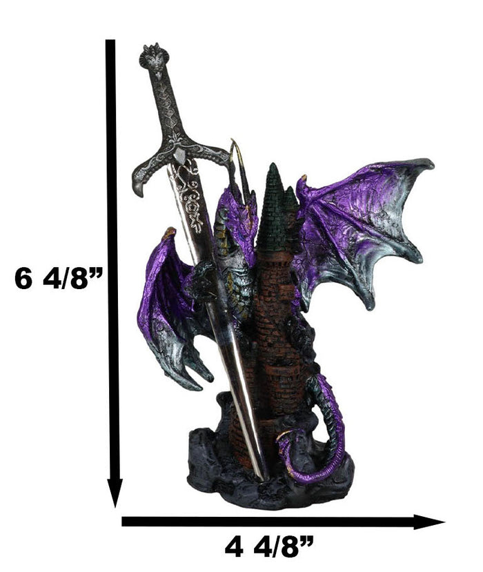 Ebros Gift Purple Knight Dragon With Castle Tower And Gothic Sword Letter Opener Figurine