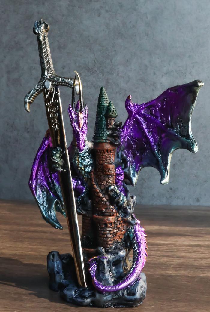 ebros gift Purple Knight Dragon With Castle Tower And Gothic Sword Letter Opener Figurine