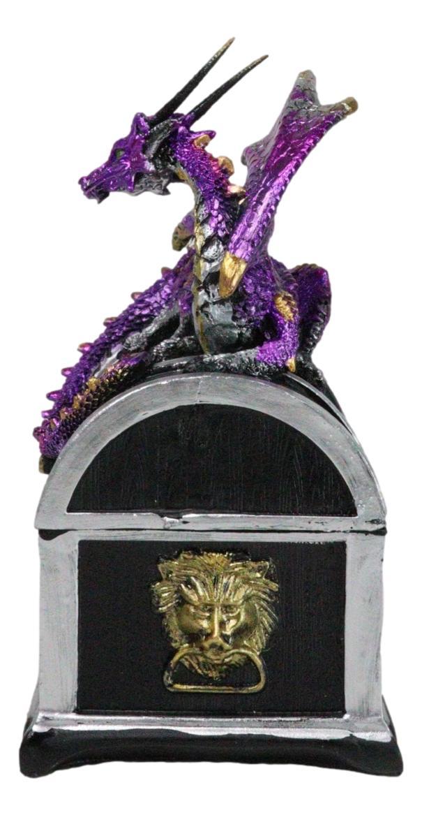 Ebros Gift Purple Midnight Dragon Guarding Lion Treasure Chest Small Trinket Box Figurine