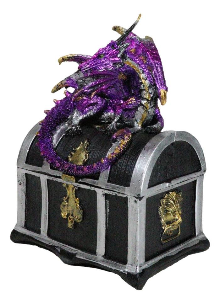 Ebros Gift Purple Midnight Dragon Guarding Lion Treasure Chest Small Trinket Box Figurine