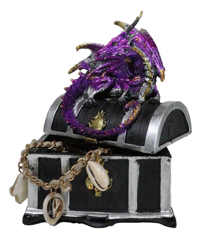 Ebros Gift Purple Midnight Dragon Guarding Lion Treasure Chest Small Trinket Box Figurine