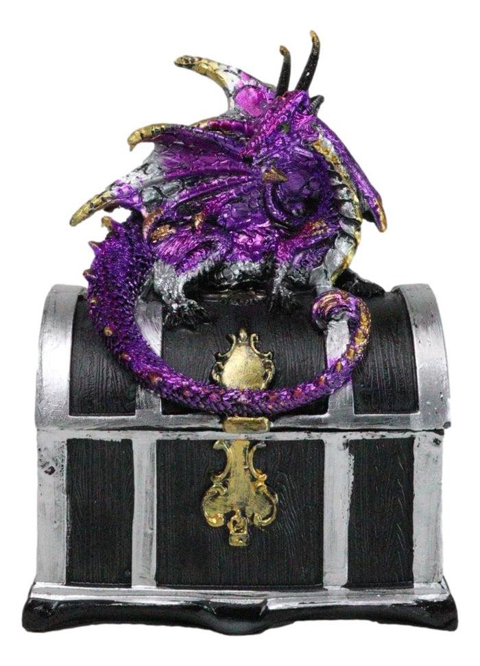 ebros gift Purple Midnight Dragon Guarding Lion Treasure Chest Small Trinket Box Figurine