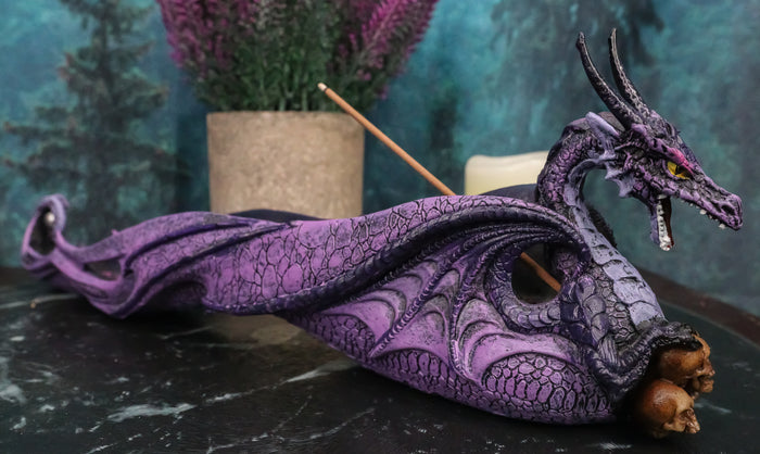 ebros gift Purple Night Sky Dusk Skull Grave Dragon Growling Incense Holder Burner Figurine
