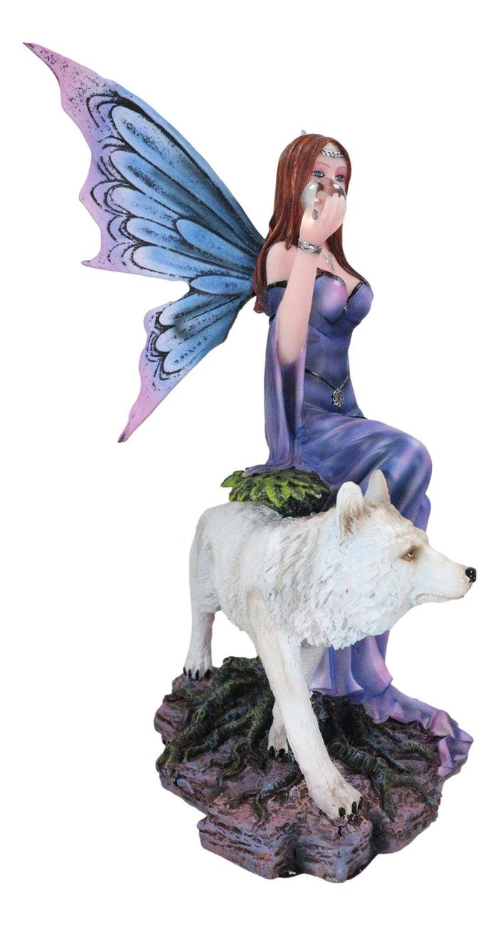 Ebros Gift Purple Pearl Wishing Fairy On Tree Of Life With Giant Winter Snow Wolf Figurine
