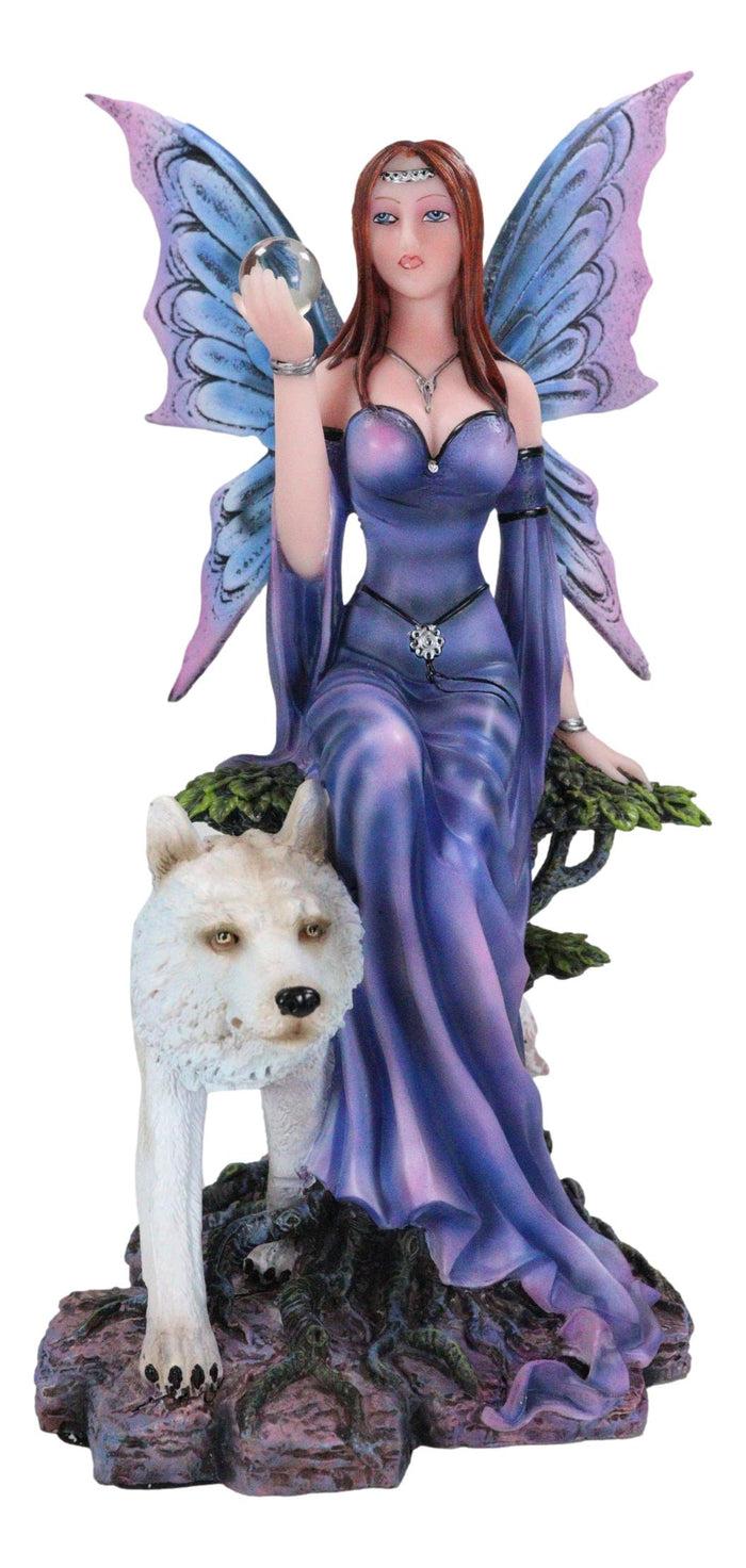 Ebros Gift Purple Pearl Wishing Fairy On Tree Of Life With Giant Winter Snow Wolf Figurine