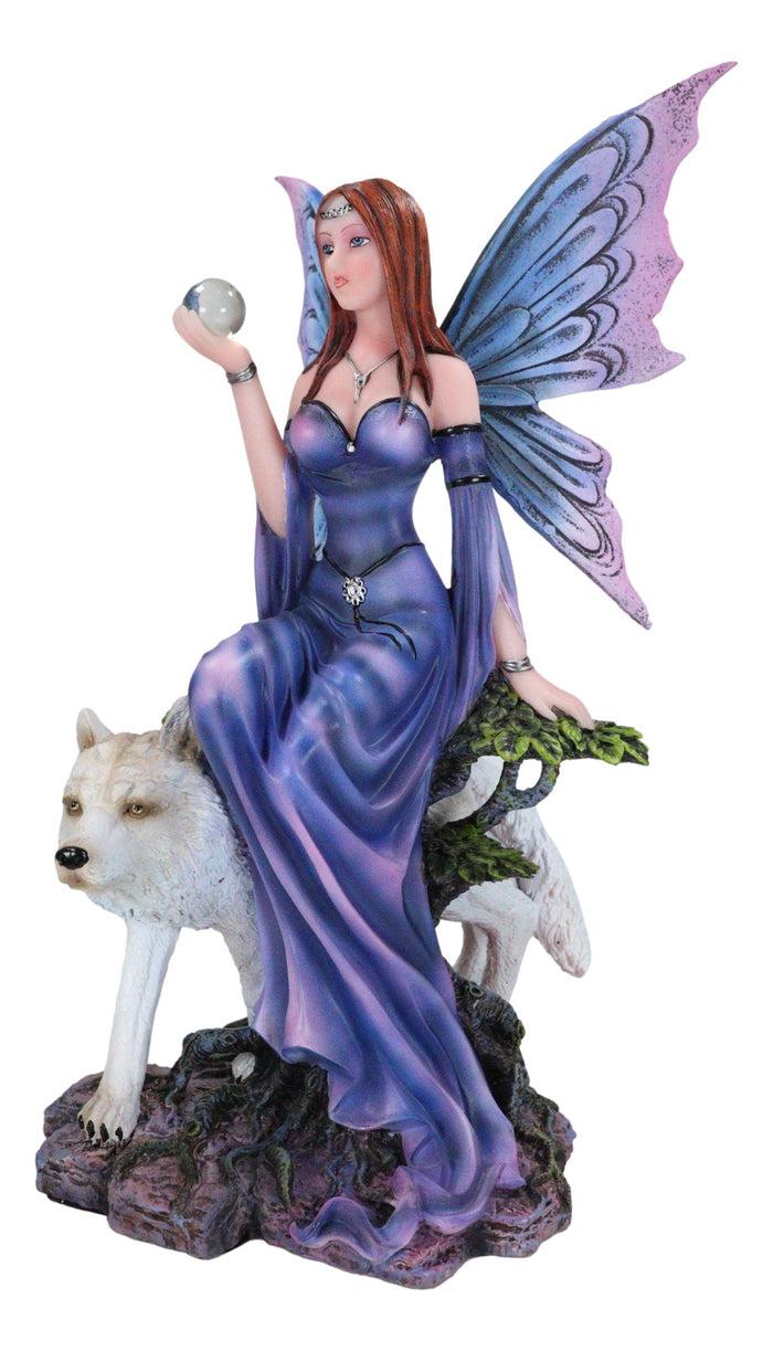 Ebros Gift Purple Pearl Wishing Fairy On Tree Of Life With Giant Winter Snow Wolf Figurine