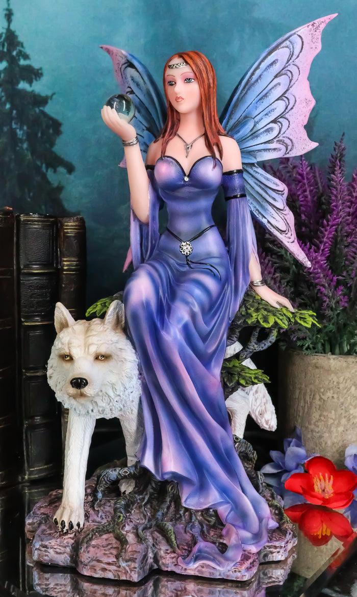ebros gift Purple Pearl Wishing Fairy On Tree Of Life With Giant Winter Snow Wolf Figurine