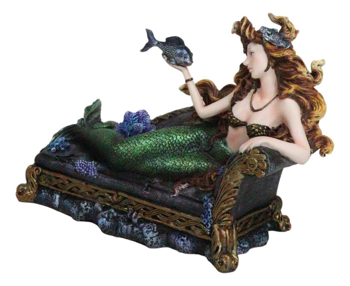 Ebros Gift Queen Of Atlantis Siren Mermaid With Fish Resting On Sea Lounge Chair Figurine