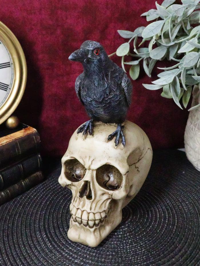 ebros gift Quoth The Raven Nevermore Black Crow With Red Eyes On Macabre Skull Figurine