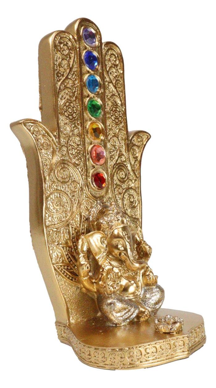 Ebros Gift Rainbow Chakra Stones Golden Hamsa Palm With Elephant God Ganesha Incense Holder