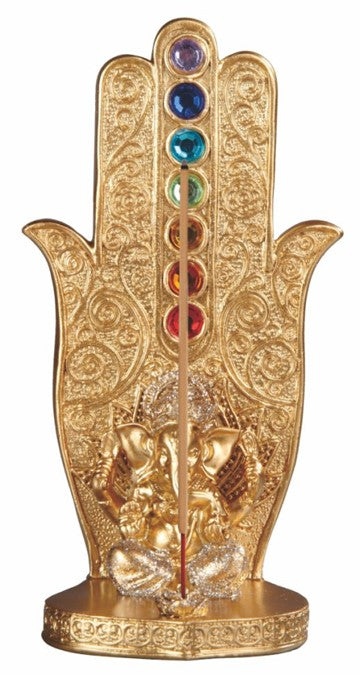 ebros gift Rainbow Chakra Stones Golden Hamsa Palm With Elephant God Ganesha Incense Holder
