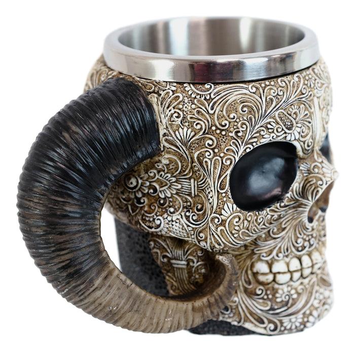 Ebros Gift Ram Horned Tribal Floral Lace Tooled Skull Beer Stein Tankard Coffee Cup Mug