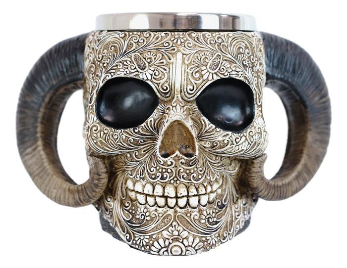 Ebros Gift Ram Horned Tribal Floral Lace Tooled Skull Beer Stein Tankard Coffee Cup Mug