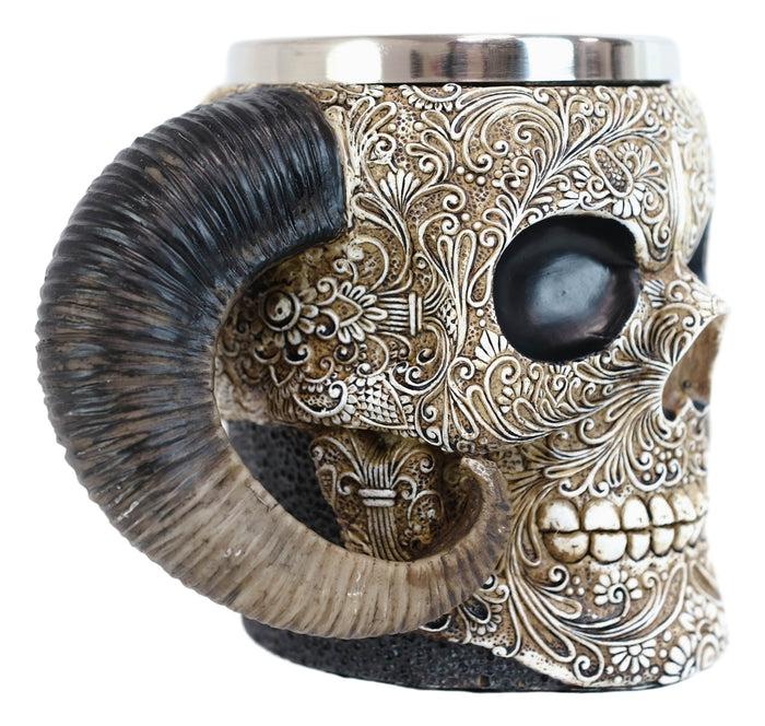 Ebros Gift Ram Horned Tribal Floral Lace Tooled Skull Beer Stein Tankard Coffee Cup Mug