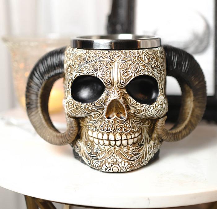 ebros gift Ram Horned Tribal Floral Lace Tooled Skull Beer Stein Tankard Coffee Cup Mug