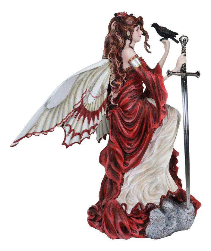 Ebros Gift Raven Crow Crimson Red Fairy With Raven Crow Holding Sword Letter Opener Statue