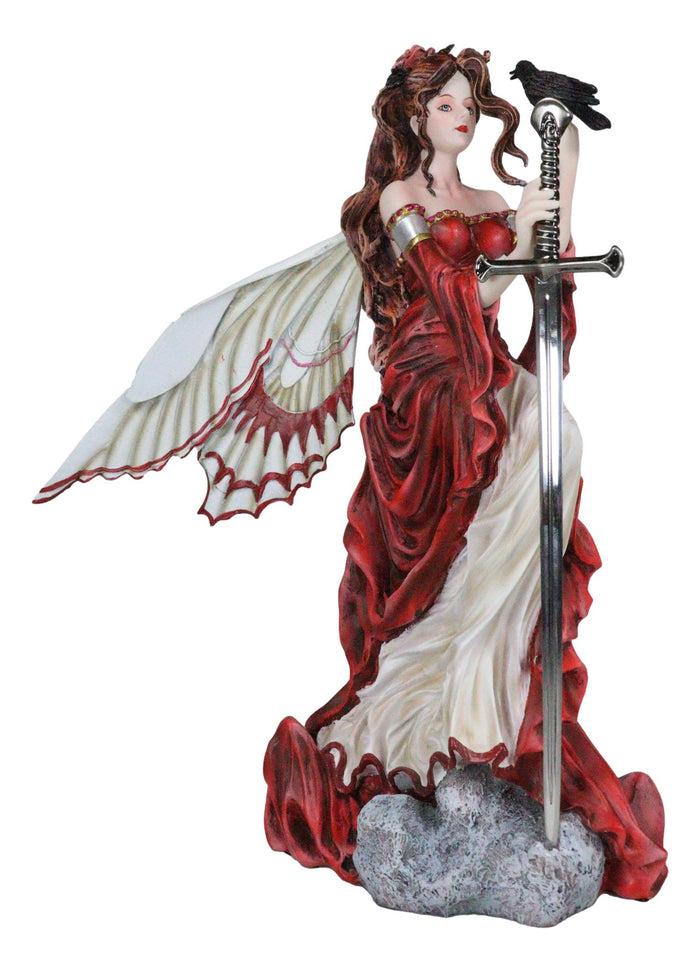 Ebros Gift Raven Crow Crimson Red Fairy With Raven Crow Holding Sword Letter Opener Statue