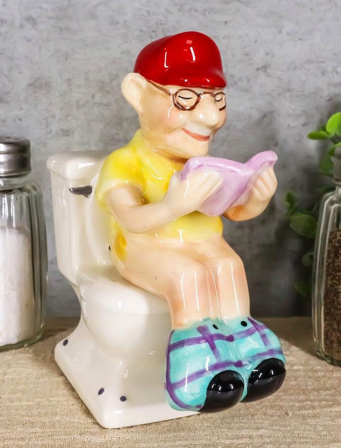 Ebros Gift Reading Old Grandpa With Pants Down On Toilet Seat Salt And Pepper Shakers Set