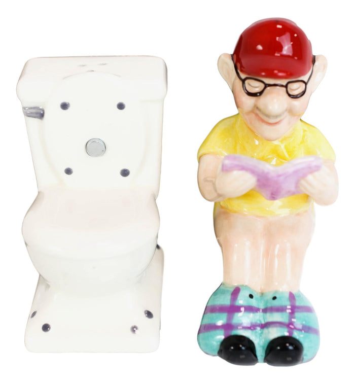 Ebros Gift Reading Old Grandpa With Pants Down On Toilet Seat Salt And Pepper Shakers Set