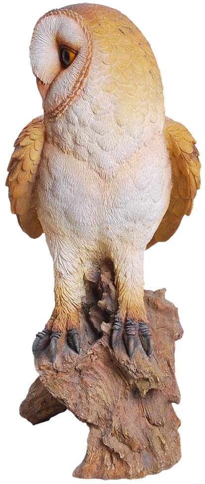 Ebros Gift Realistic Common Barn Owl Perching On Tree Stump Statue With Glass Eyes 13.75"H