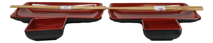 Ebros Gift Red Black Melamine Wavy Sushi Plates Sauce Dishes And Chopsticks Set Serves 2