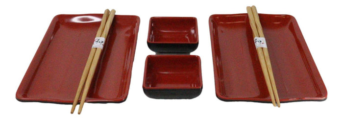 Ebros Gift Red Black Melamine Wavy Sushi Plates Sauce Dishes And Chopsticks Set Serves 2