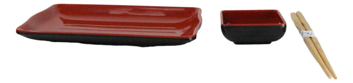 Ebros Gift Red Black Melamine Wavy Sushi Plates Sauce Dishes And Chopsticks Set Serves 2