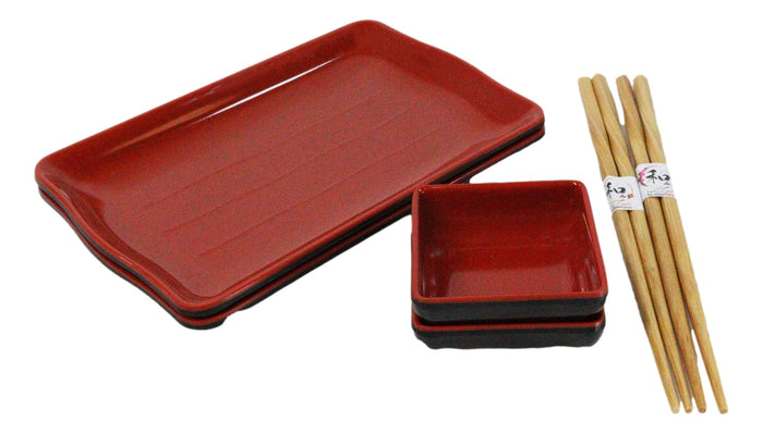 ebros gift Red Black Melamine Wavy Sushi Plates Sauce Dishes And Chopsticks Set Serves 2