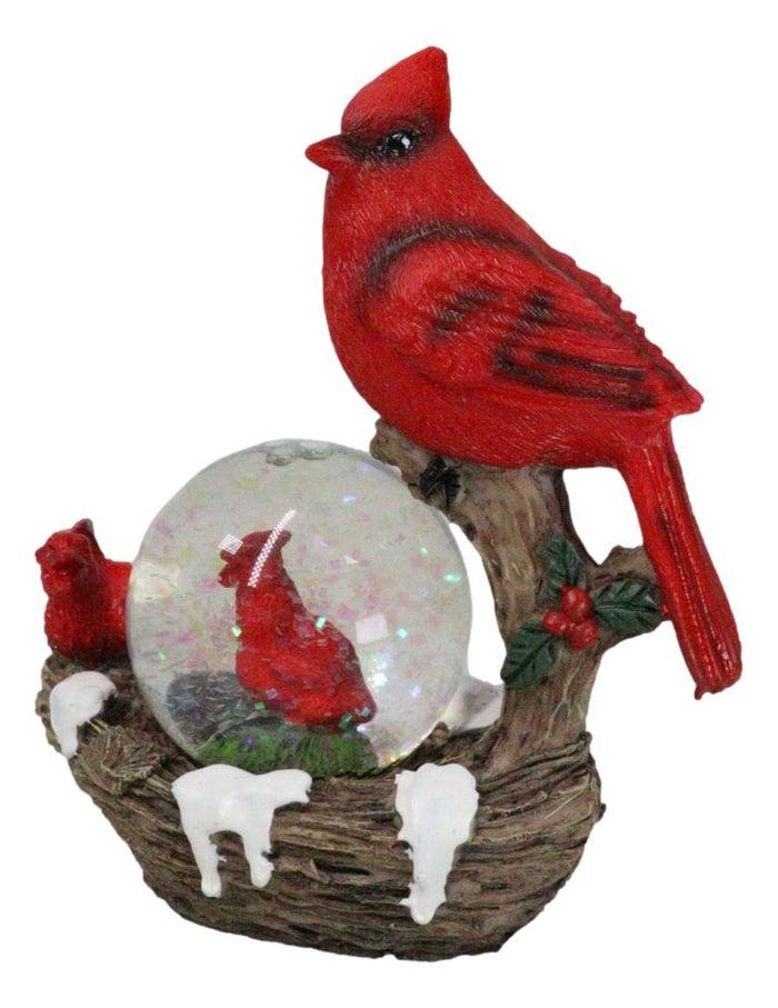 Ebros Gift Red Cardinal Bird On Tree Branch Nest With Chicks Water Globe Mini Figurine
