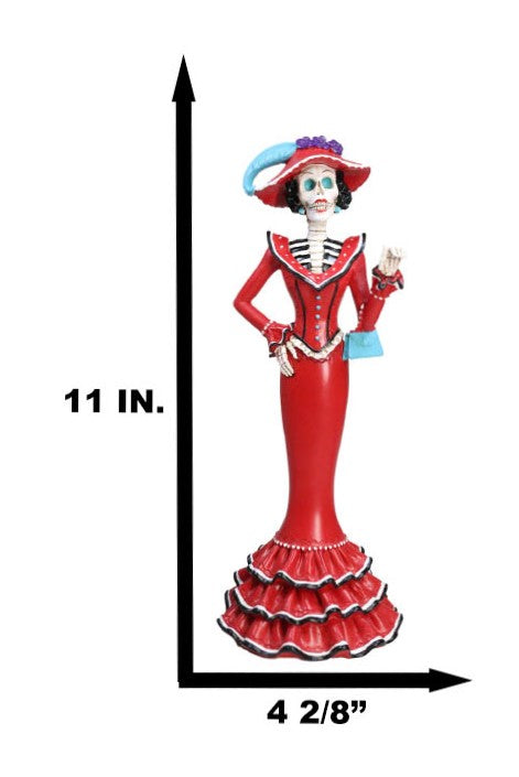 Ebros Gift Red Dressed Fashionista Senorita Skeleton Lady Rosa With Blue Handbag Figurine