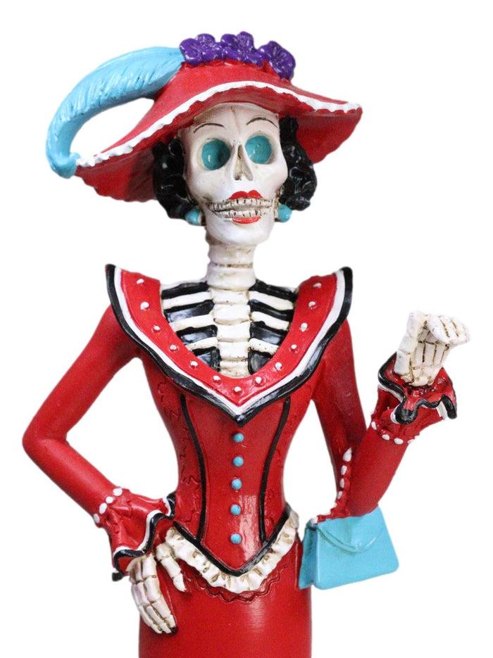 Ebros Gift Red Dressed Fashionista Senorita Skeleton Lady Rosa With Blue Handbag Figurine