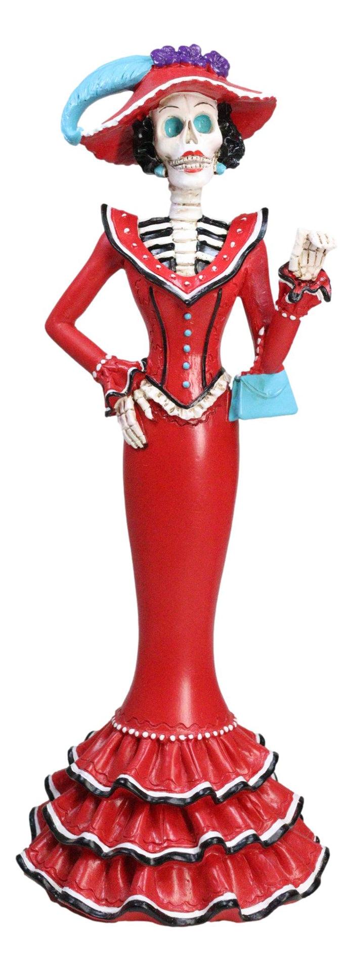 ebros gift Red Dressed Fashionista Senorita Skeleton Lady Rosa With Blue Handbag Figurine