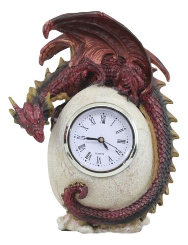 Ebros Gift Red Ember Dragon Protecting Egg Table Clock Figurine 7"Tall Mythical Fantasy