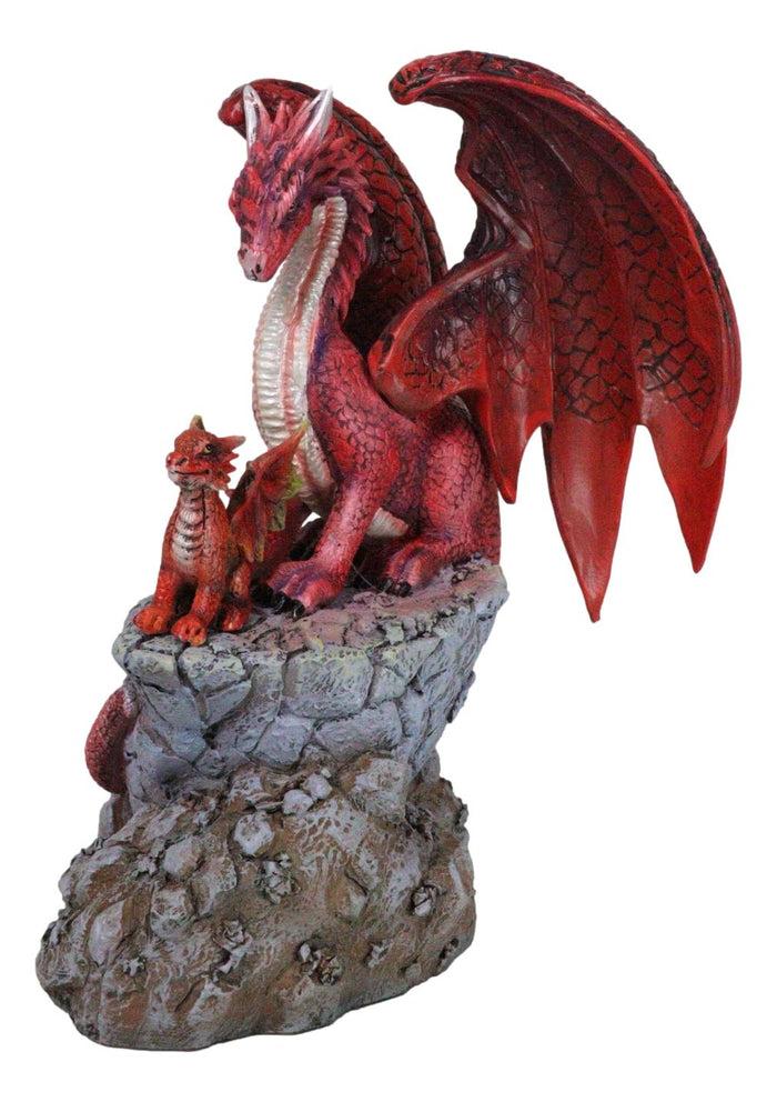 Ebros Gift Red Fire Elemental Dragon With Baby Hatchling Standing On Rock Cliff Figurine