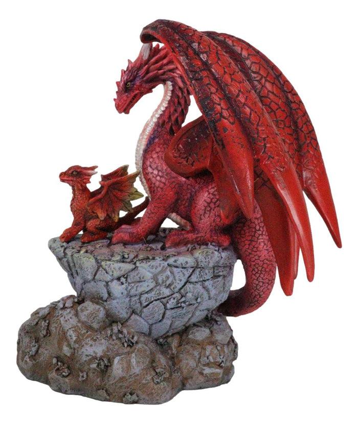 Ebros Gift Red Fire Elemental Dragon With Baby Hatchling Standing On Rock Cliff Figurine