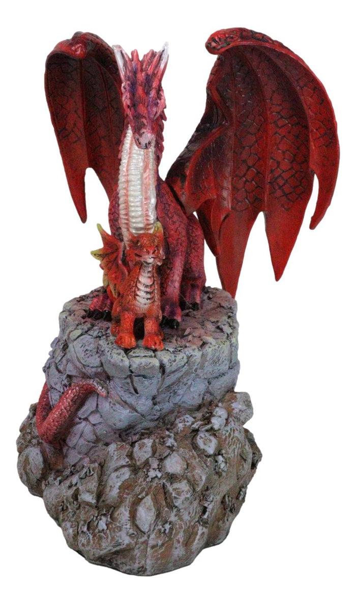 Ebros Gift Red Fire Elemental Dragon With Baby Hatchling Standing On Rock Cliff Figurine