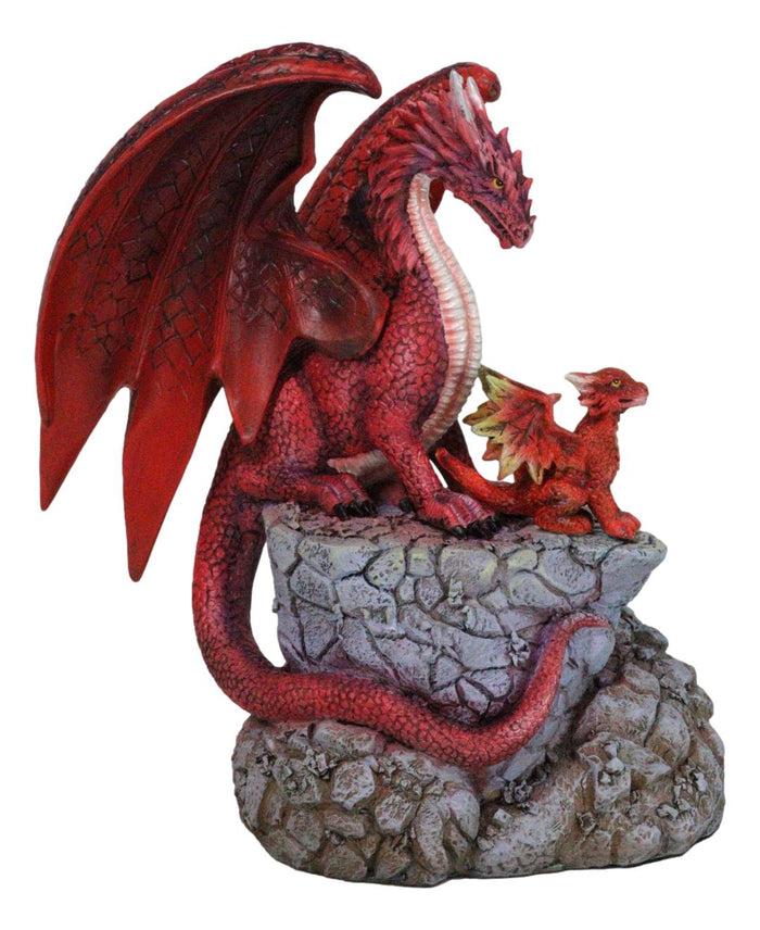 ebros gift Red Fire Elemental Dragon with Baby Hatchling Standing On Rock Cliff Figurine