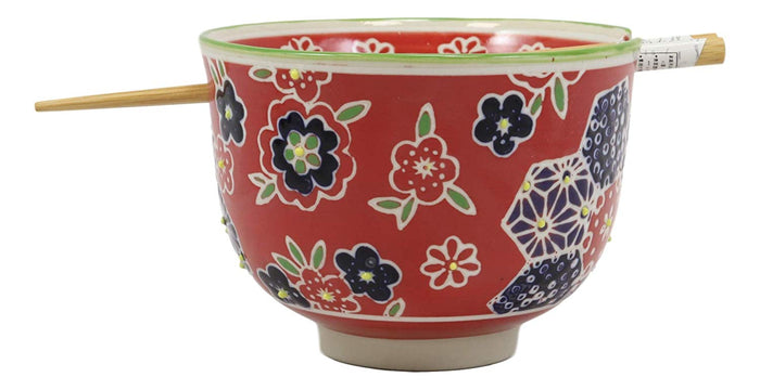 Ebros Gift Red Floral Frost Flakes Pasta Ramen Noodles Soup Rice Bowl With Chopsticks Set